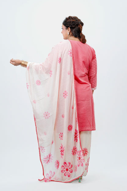 Pink Cotton Suit Set with Lace & Printed Detailing Kurta Salwar Dupatta