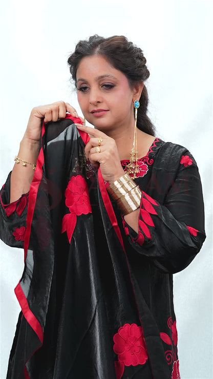Black Floral Embroidered Patiyala Suit Set with Dupatta Fandy Silk