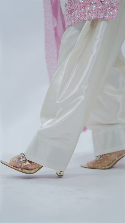 White & Pink Satin Farshi Salwar Suit with Tabby Dupatta