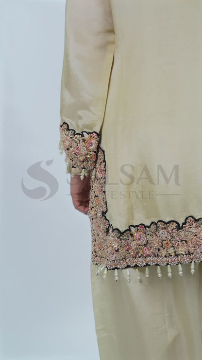Ivory & Black Embroidered Kurta Set with Farshi Salwar & Organza Dupatta