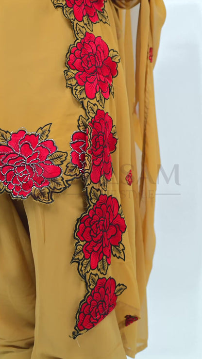 Mustard & Red Georgette Patiyala Suit with Embroidered Dupatta